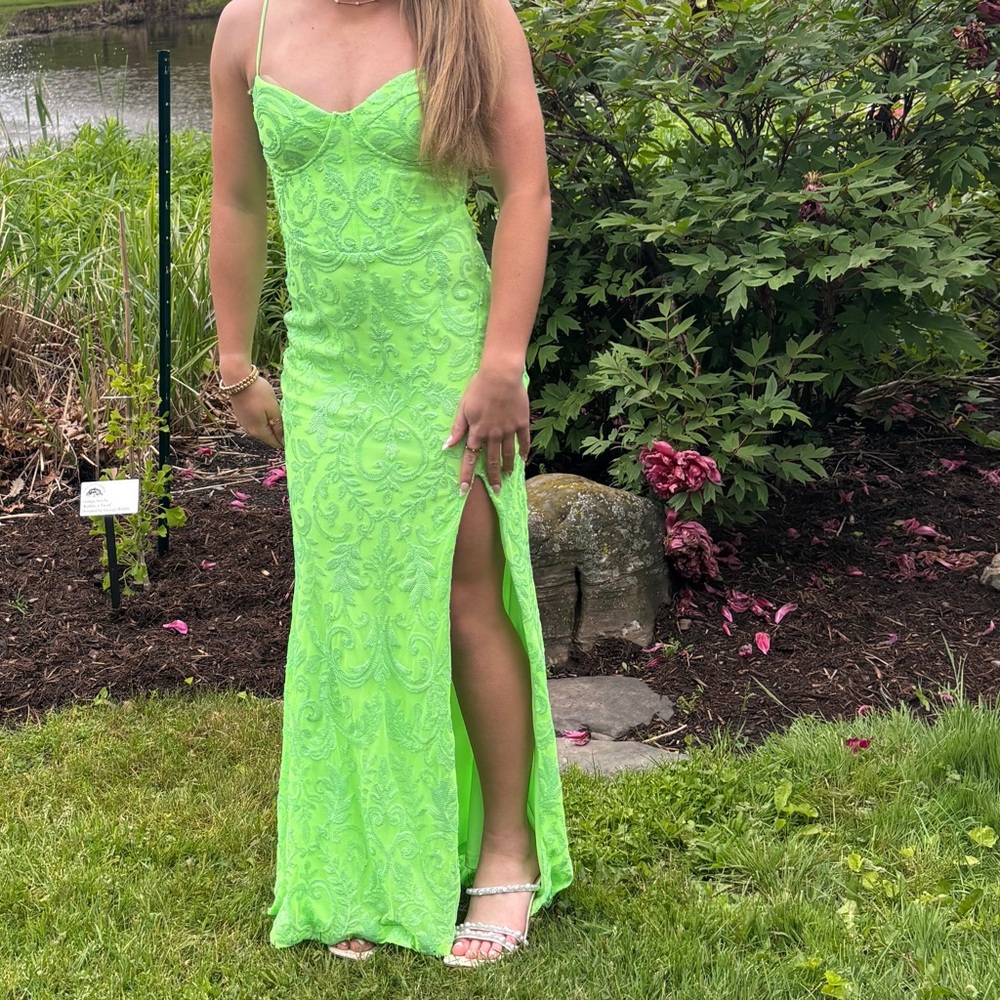 Windsor Bright Lime Green Beaded Spaghetti-Strap Sparkle Prom Dress XS